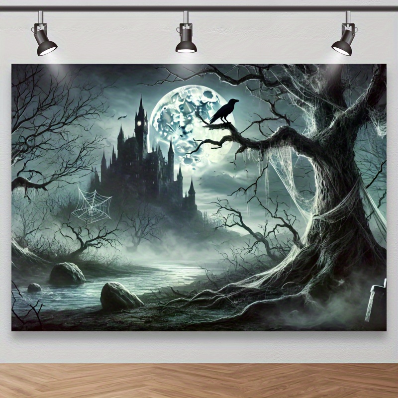 Photography Dark Cloth - ผ้าฉากหลังฮาโลวีนลายปราสาทผีพร้อมป่ามืดและพระจันทร์เต็มดวง - เหมาะสำหรับการถ่ายภาพภาพผีและตกแต่งงานอีเว้นท์