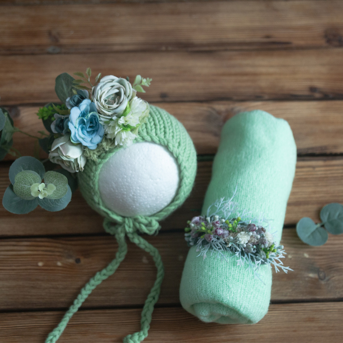 Photography Newborn - ชุดถ่ายภาพเด็กแรกเกิด 3 ชิ้น ผ้าถักไหมพรมยืดสไตล์วินเทจ ผ้าคลุมศีรษะลายดอกไม้ หมวกบอนเน็ต