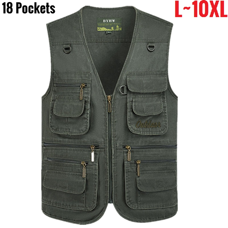 Photography Jacket - Multi Pocket ชายเสื้อกั๊กซิปเสื้อแขนกุดชายฤดูใบไม้ผลิขนาดใหญ่ตกปลาทํางานกลางแจ้งยุทธวิธี PLUS ขนาดใหญ่ 10XL