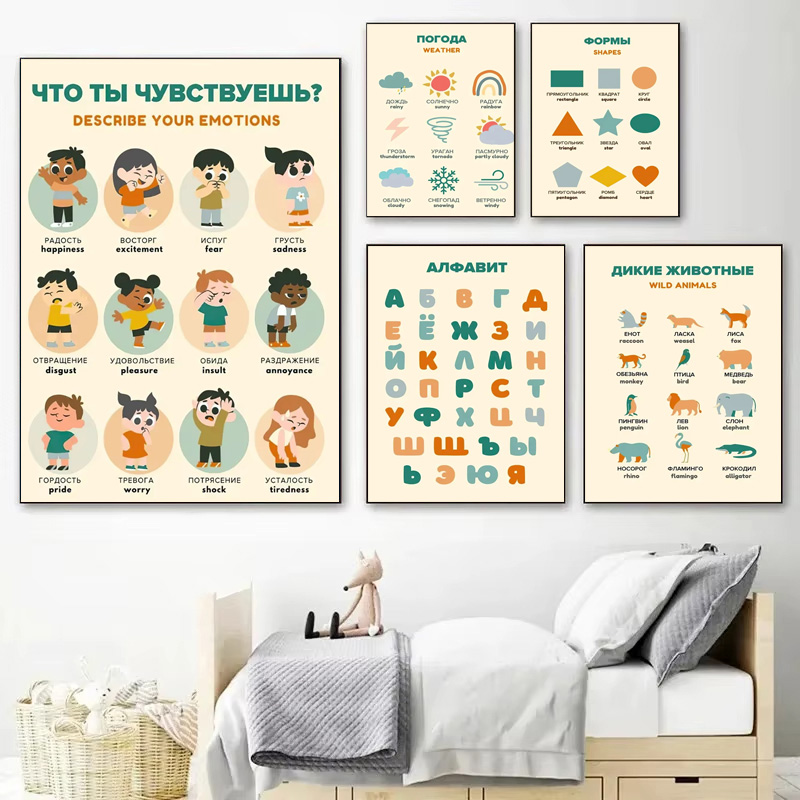 Photography Font - 1 PC รัสเซียการศึกษา Art โปสเตอร์ตัวอักษรสภาพอากาศสัตว์ตัวเลขตัวเลขอารมณ์ผ้าใบพิมพ์ห้องเรียนเด็กตกแต่งห้อง