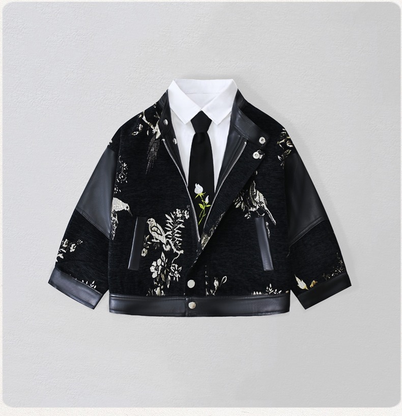 Photography Jacket - เสื้อแจ็คเก็ตหนัง PU ปักลายมอเตอร์ไซค์สำหรับเด็กผู้ชาย กันน้ำ กันลม เหมาะสำหรับถ่ายรูปในวันคริสต์มาสและปีใหม่