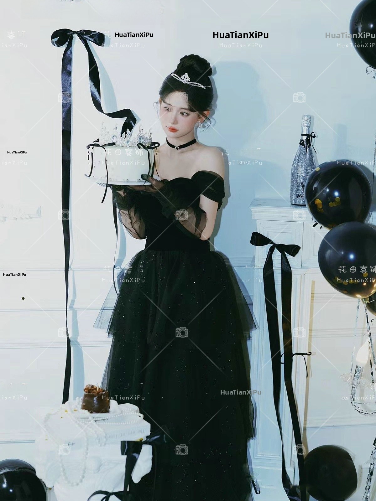 Photography Vintage Style - ชุดเจ้าหญิงสีดำสไตล์วินเทจแบบเฮปเบิร์น สำหรับถ่ายภาพในสตูดิโอ สร้างบรรยากาศวันเกิดสุดพิเศษ ชุดการแสดงบนเวทีสำหรับผู้หญิง สไตล์ชาติพันธุ์
